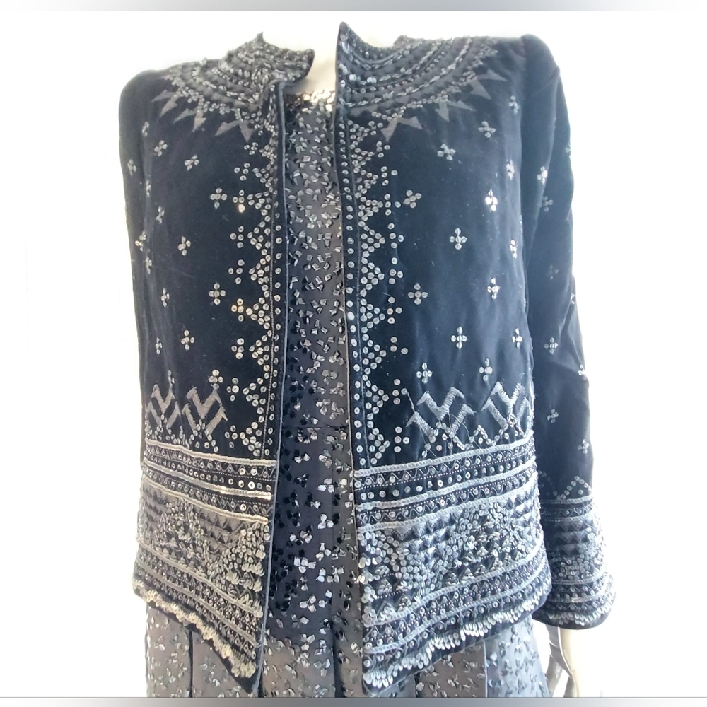 ♡$5,000 OSCAR DE LA RENTA EXQUIS BLACK VELVET BEAD EMBROID  RUNWAY JACKET L